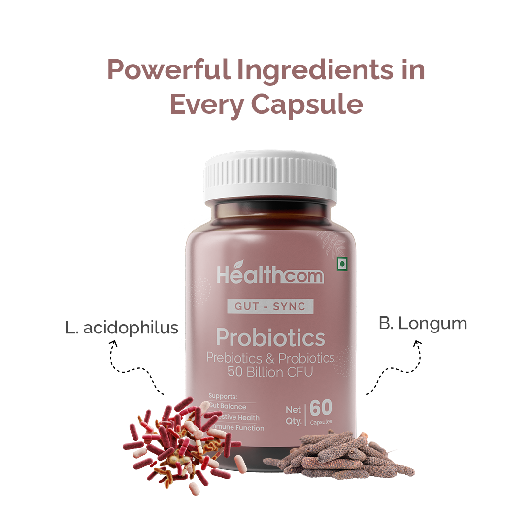 Healthcom Gut-Sync Probiotics Capsules | Digestive Health & Gut Flora Support | 60 Caps