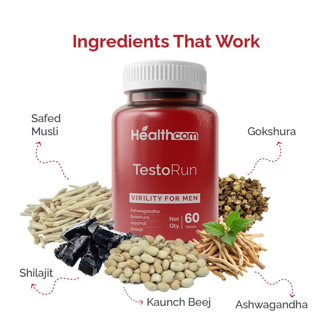 Healthcom Testo-Run Tablets | Ayurvedic Virility & Testosterone Support for Men | 60 Tabs