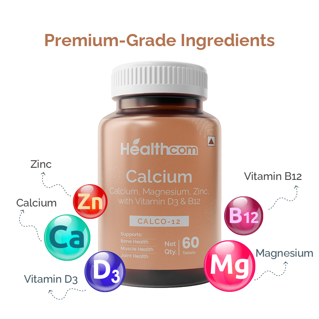Healthcom Calco-12 Tablets | Calcium & Vitamin D3 for Strong Bones | 60 Tabs