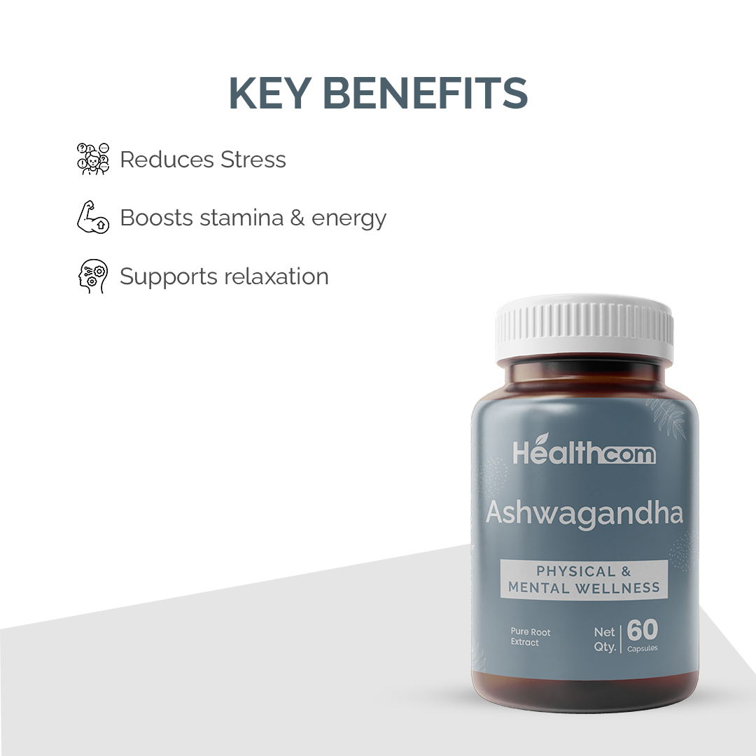 Healthcom Ashwagandha Capsules | Stress Relief & Energy Booster | 60 Ayurvedic Caps