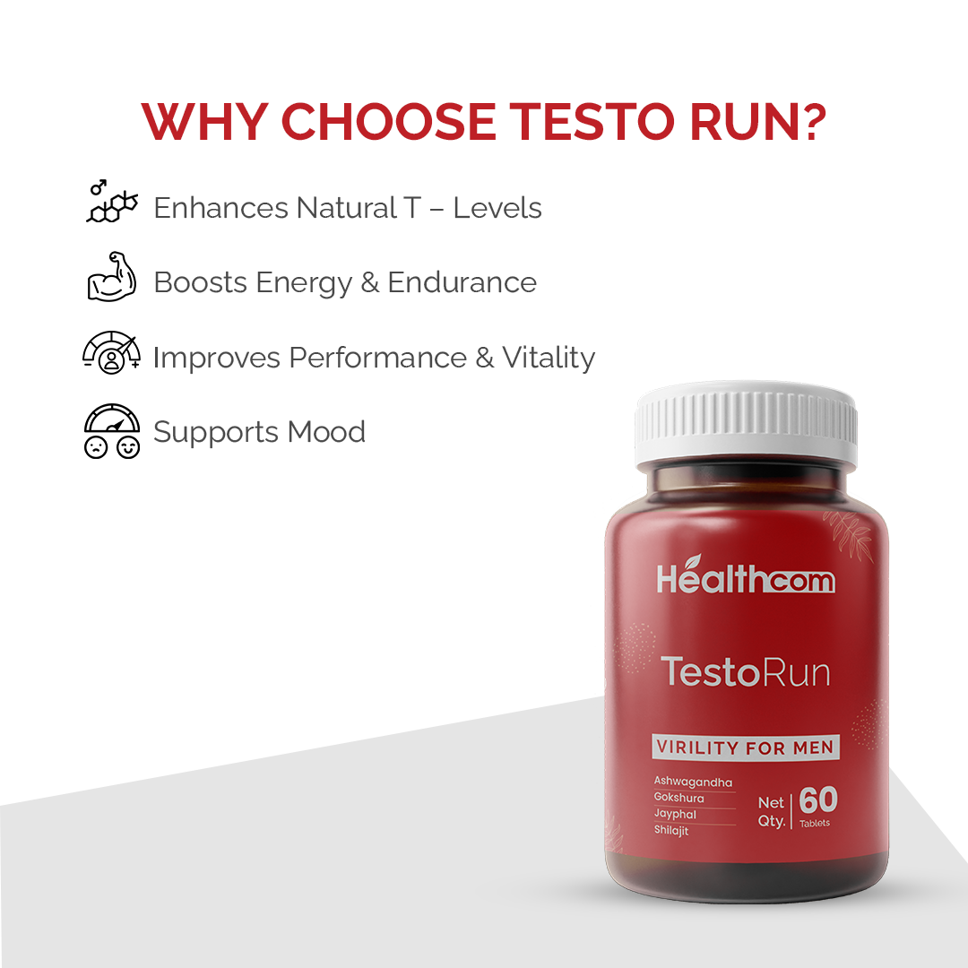 Healthcom Testo-Run Tablets | Ayurvedic Virility & Testosterone Support for Men | 60 Tabs