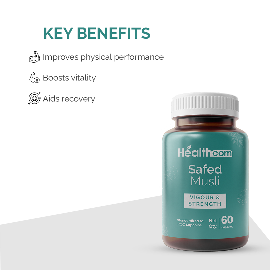 Healthcom Safed Musli Capsules | Ayurvedic for Vigour, Strength & Performance | 60 Caps