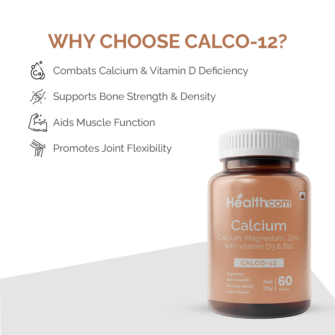 Healthcom Calco-12 Tablets | Calcium & Vitamin D3 for Strong Bones | 60 Tabs