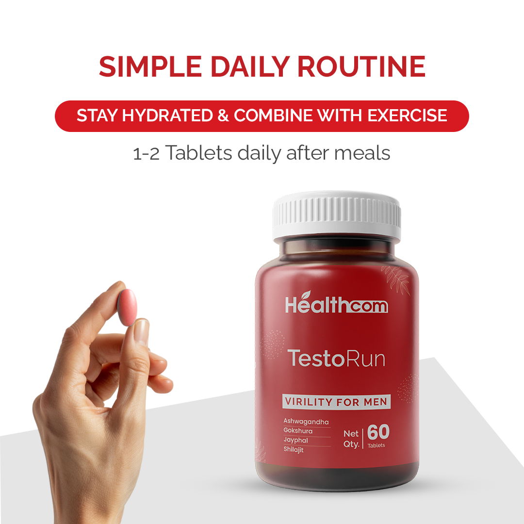 Healthcom Testo-Run Tablets | Ayurvedic Virility & Testosterone Support for Men | 60 Tabs
