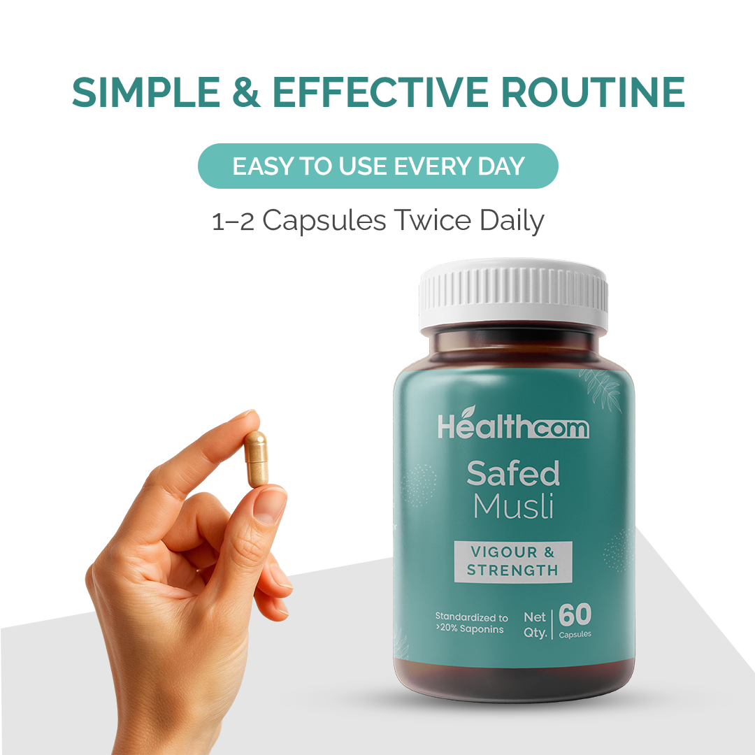 Healthcom Safed Musli Capsules | Ayurvedic for Vigour, Strength & Performance | 60 Caps
