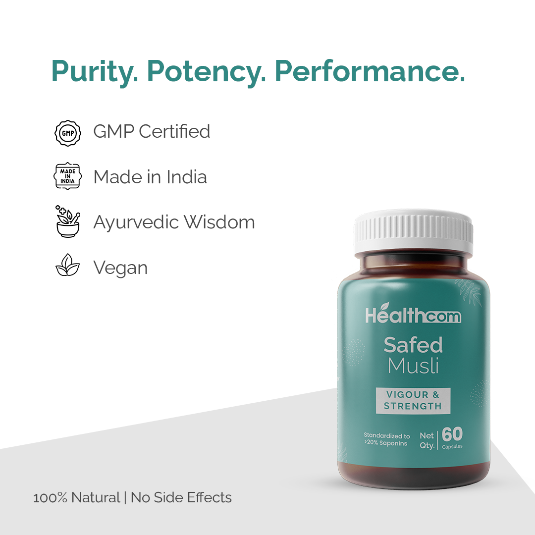 Healthcom Safed Musli Capsules | Ayurvedic for Vigour, Strength & Performance | 60 Caps