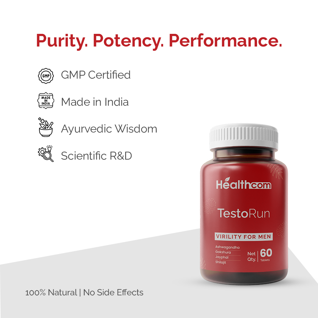 Healthcom Testo-Run Tablets | Ayurvedic Virility & Testosterone Support for Men | 60 Tabs