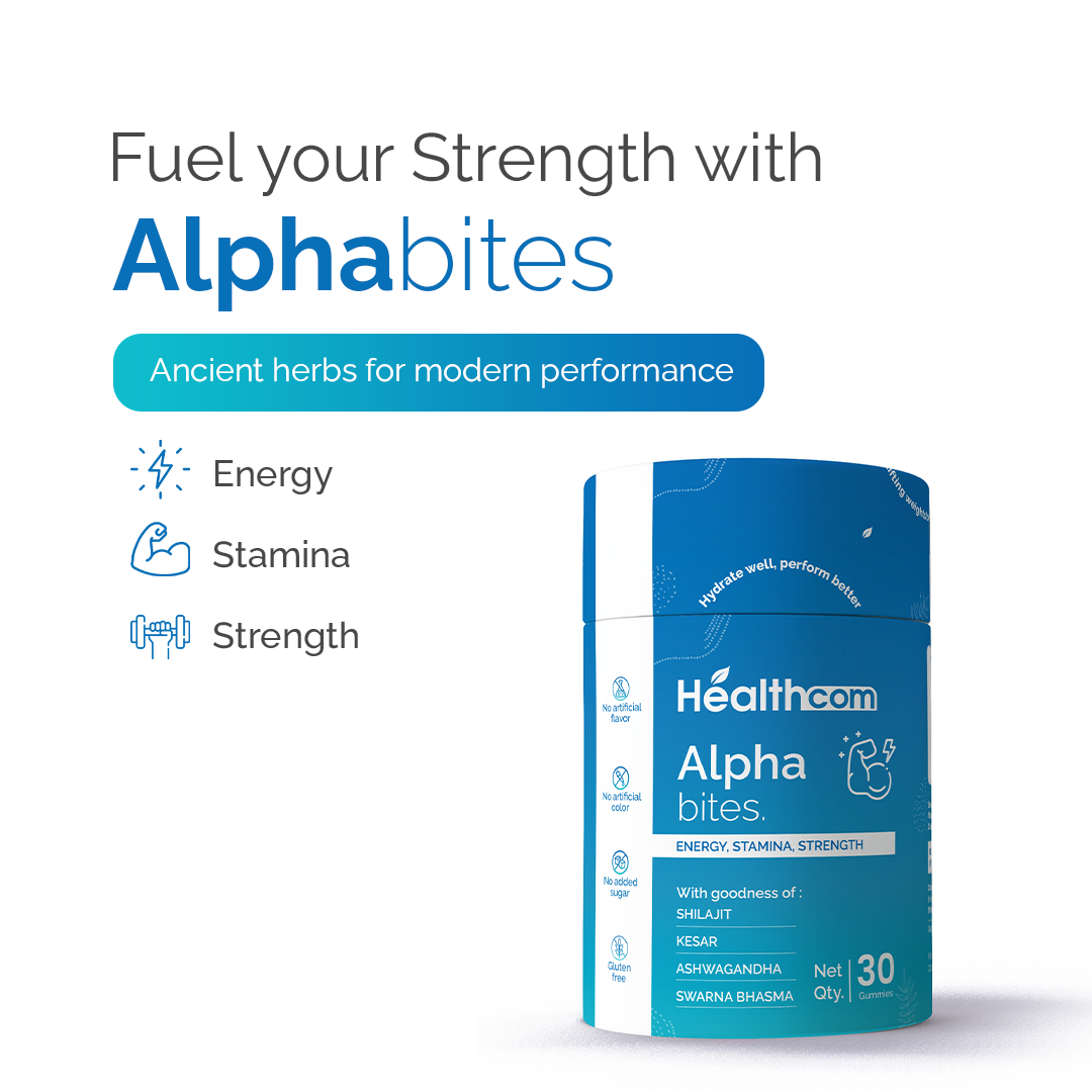 Healthcom Alpha Bites Gummies | Shilajit, Ashwagandha, Kesar for Energy & Stamina | 30 Gummies