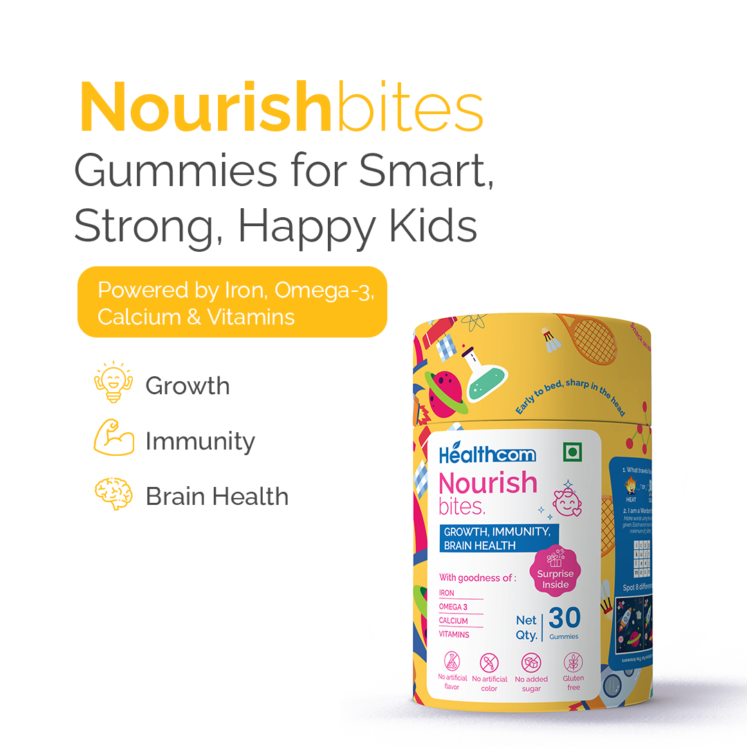 Healthcom Nourish Bites Gummies | Kids' Multivitamin with Iron, Omega 3 & Calcium | 30 Gummies