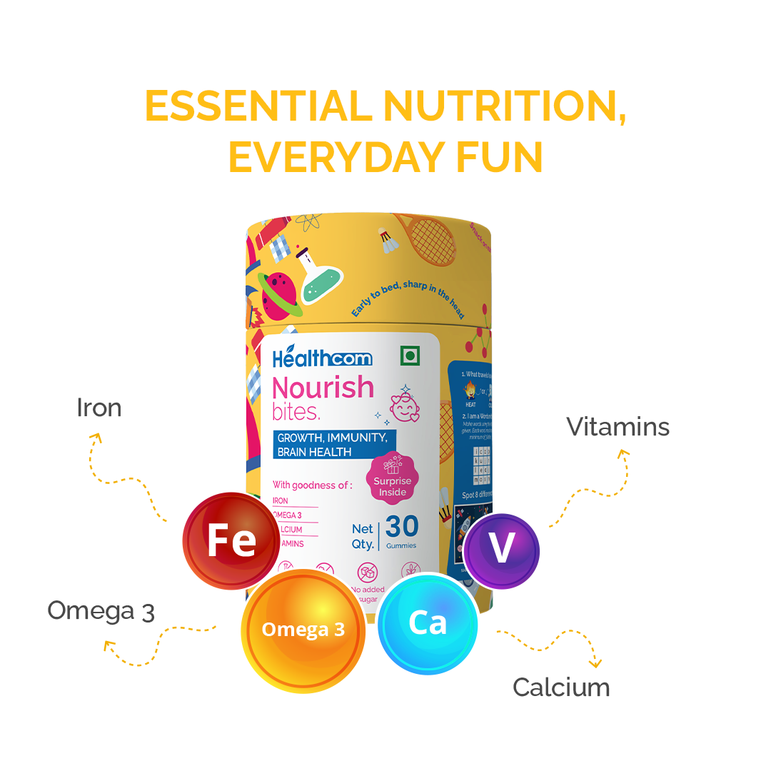 Healthcom Nourish Bites Gummies | Kids' Multivitamin with Iron, Omega 3 & Calcium | 30 Gummies