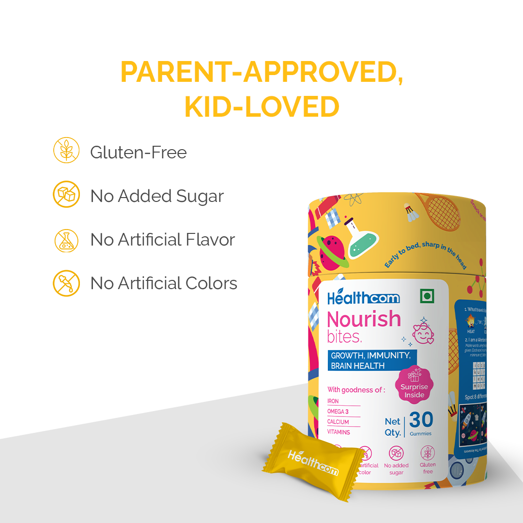 Healthcom Nourish Bites Gummies | Kids' Multivitamin with Iron, Omega 3 & Calcium | 30 Gummies