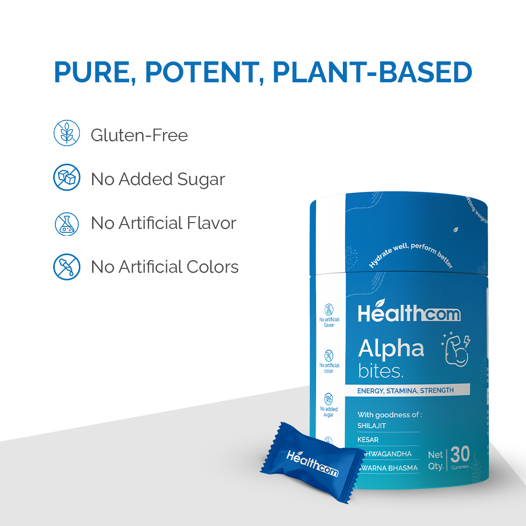 Healthcom Alpha Bites Gummies | Shilajit, Ashwagandha, Kesar for Energy & Stamina | 30 Gummies