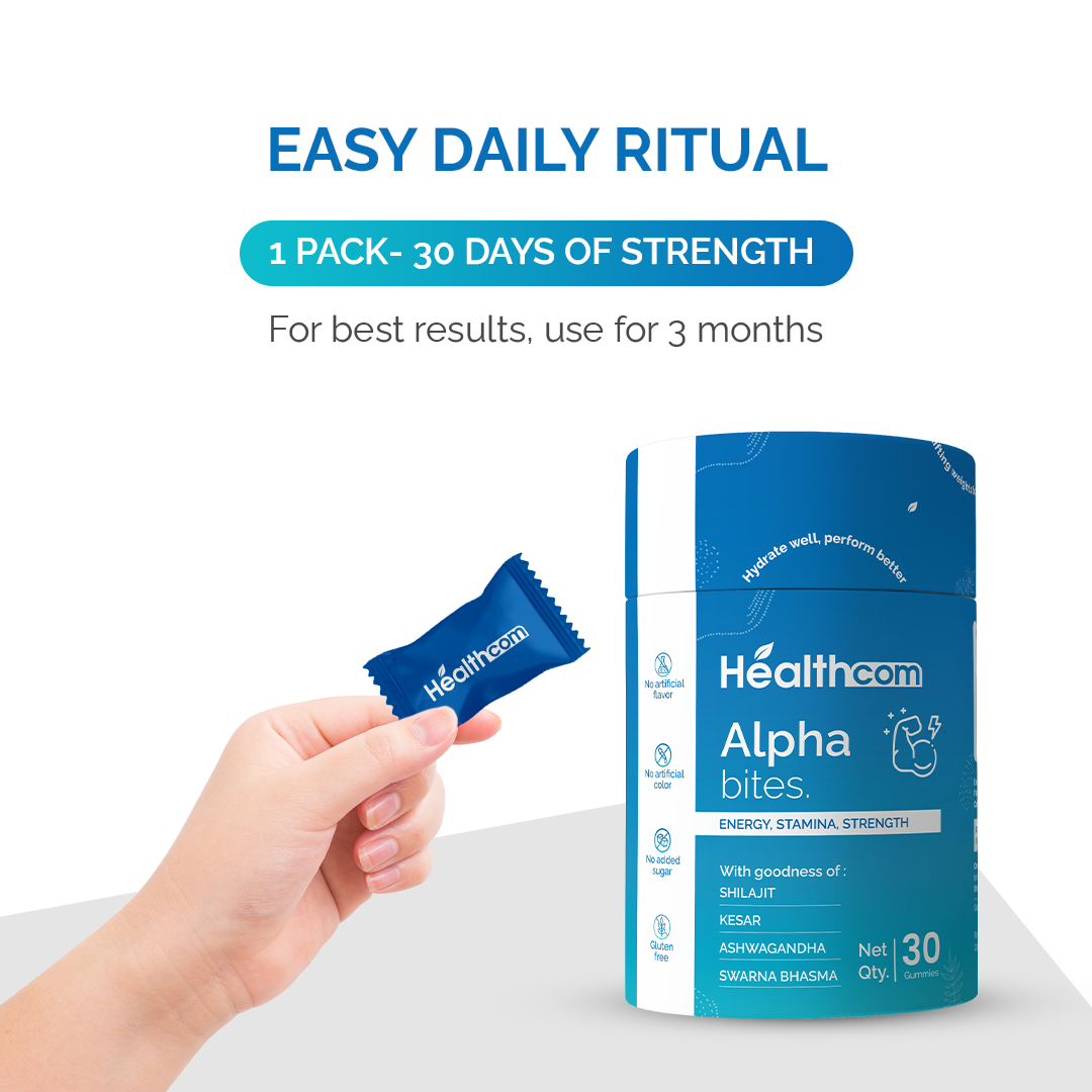 Healthcom Alpha Bites Gummies | Shilajit, Ashwagandha, Kesar for Energy & Stamina | 30 Gummies