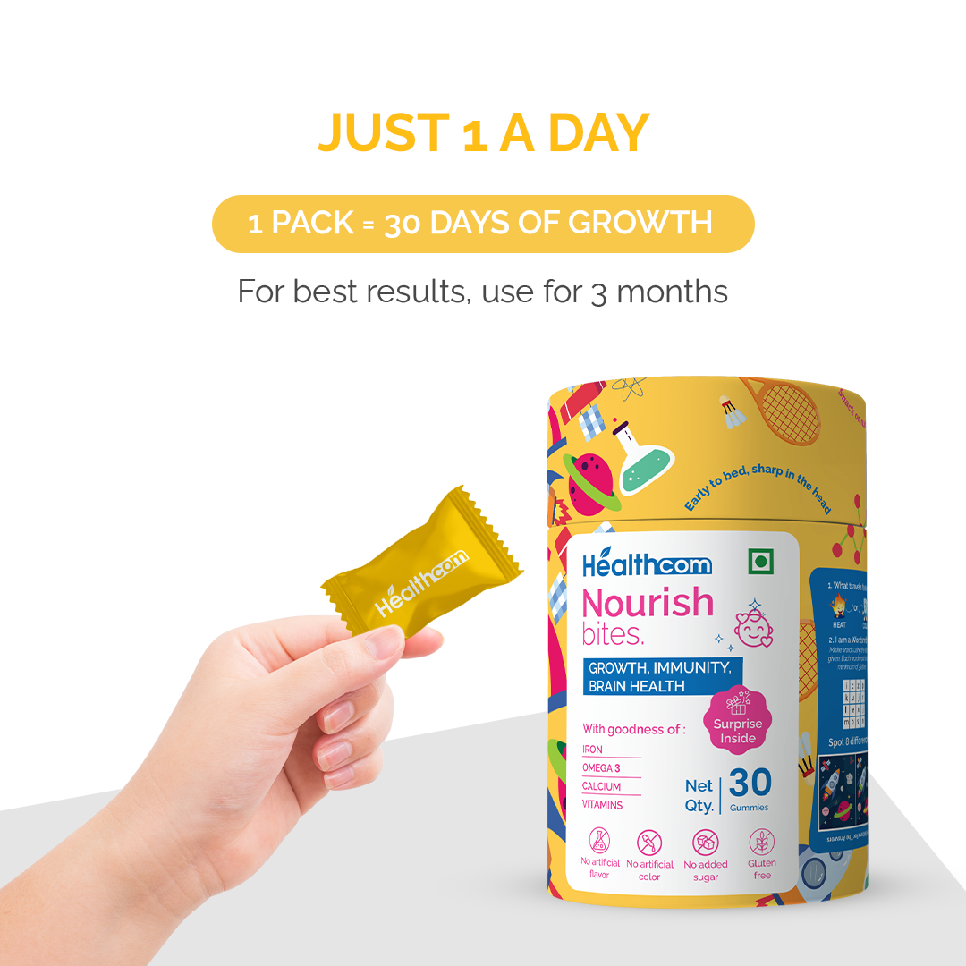 Healthcom Nourish Bites Gummies | Kids' Multivitamin with Iron, Omega 3 & Calcium | 30 Gummies