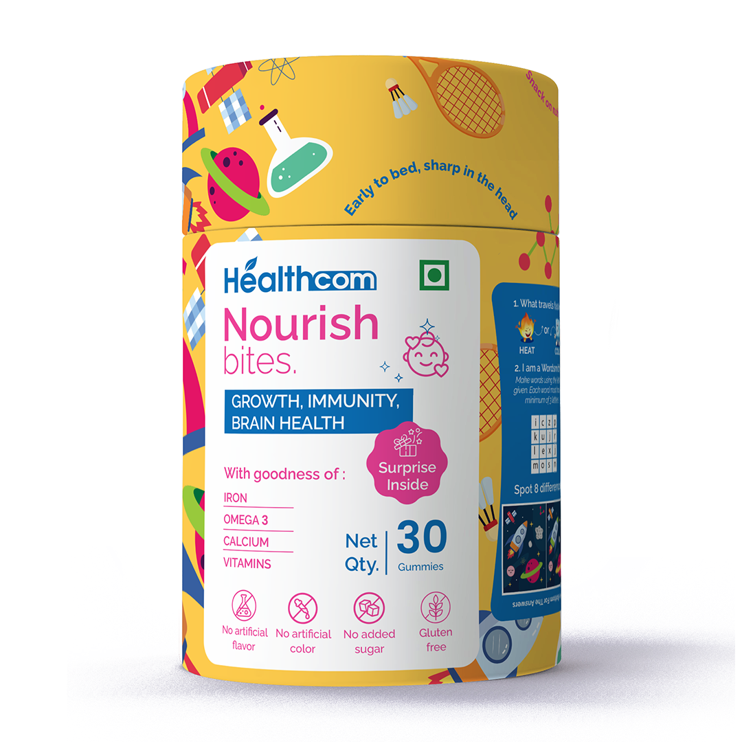 Healthcom Nourish Bites Gummies | Kids' Multivitamin with Iron, Omega 3 & Calcium | 30 Gummies