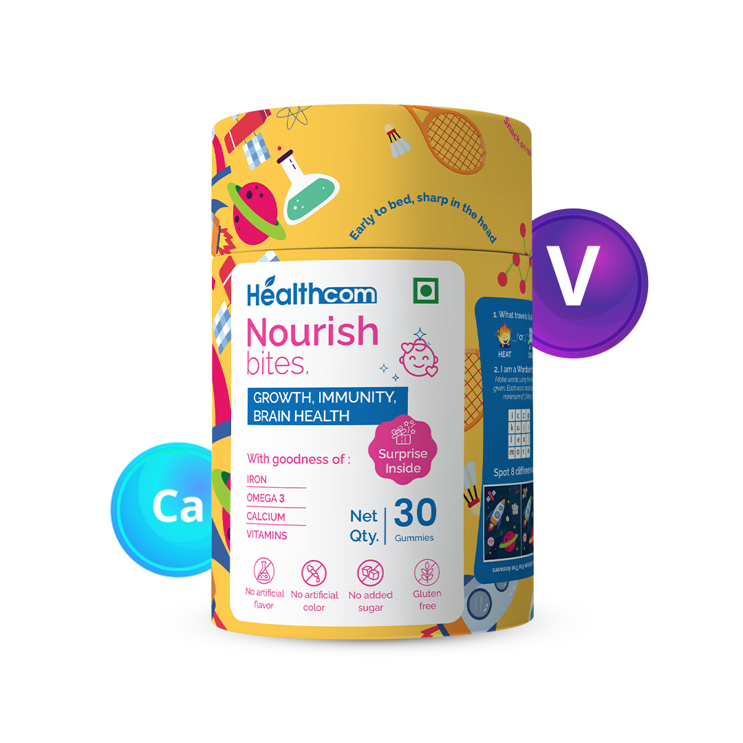 Healthcom Nourish Bites Gummies | Kids' Multivitamin with Iron, Omega 3 & Calcium | 30 Gummies